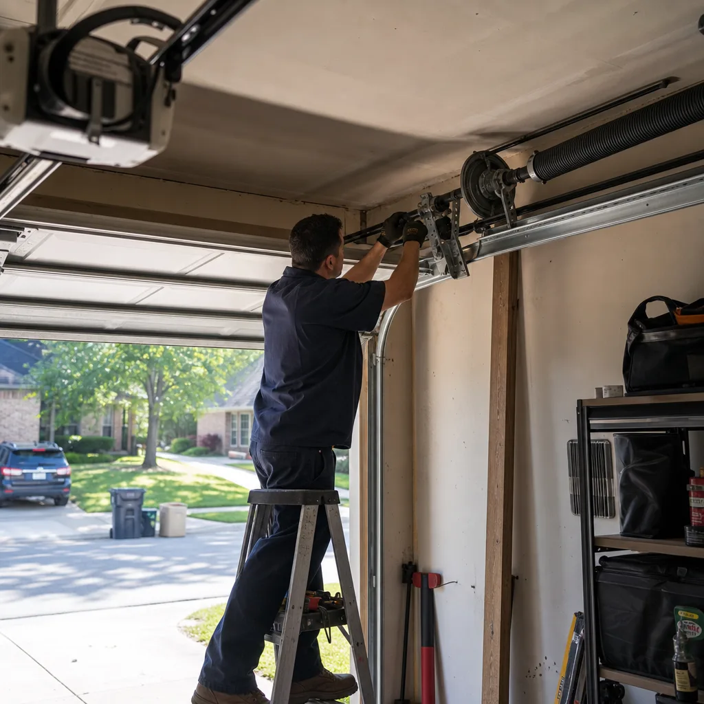 Technician performing professional garage door opener repair and maintenance