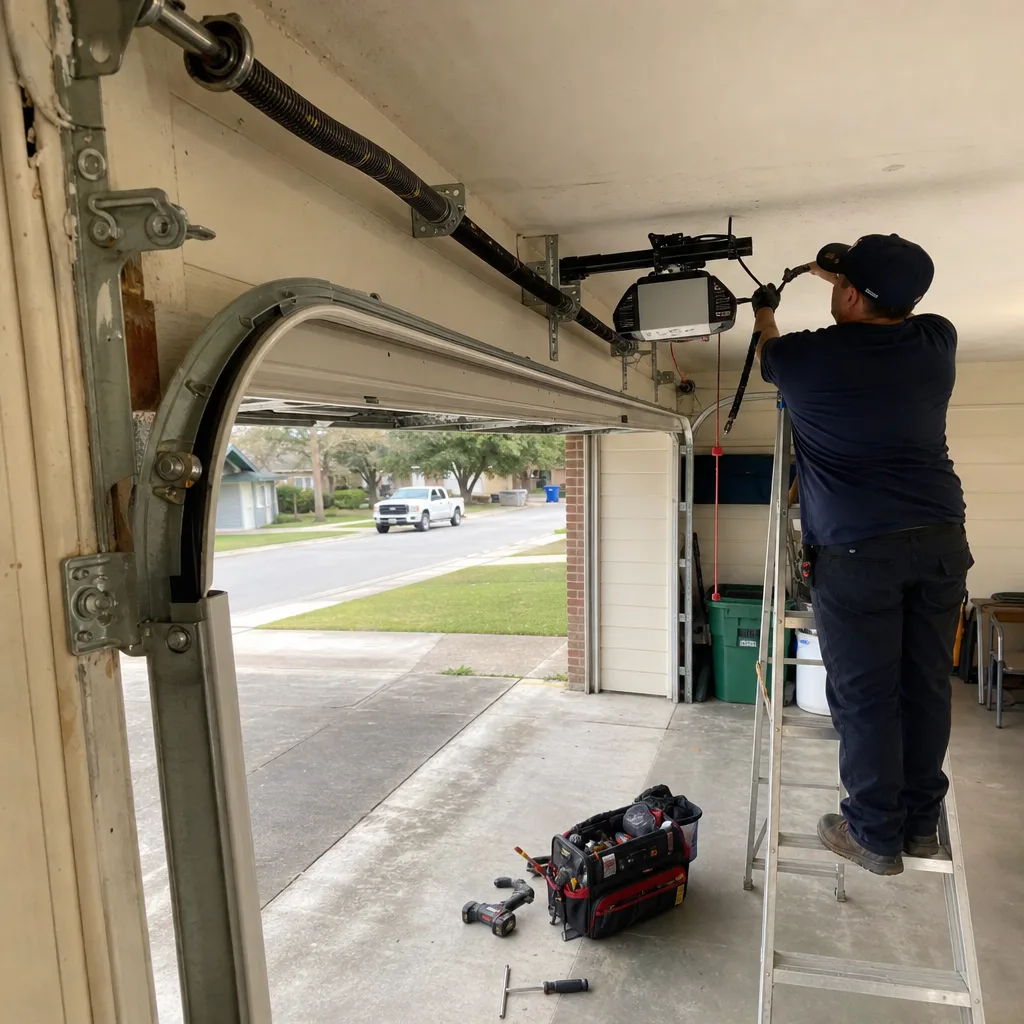 Technician installing garage door opener motor from ladder