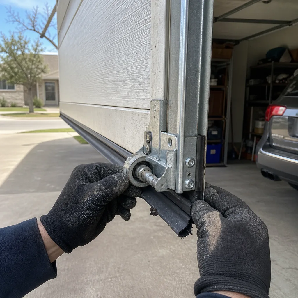Technician performing maintenance on a garage door roller assembly