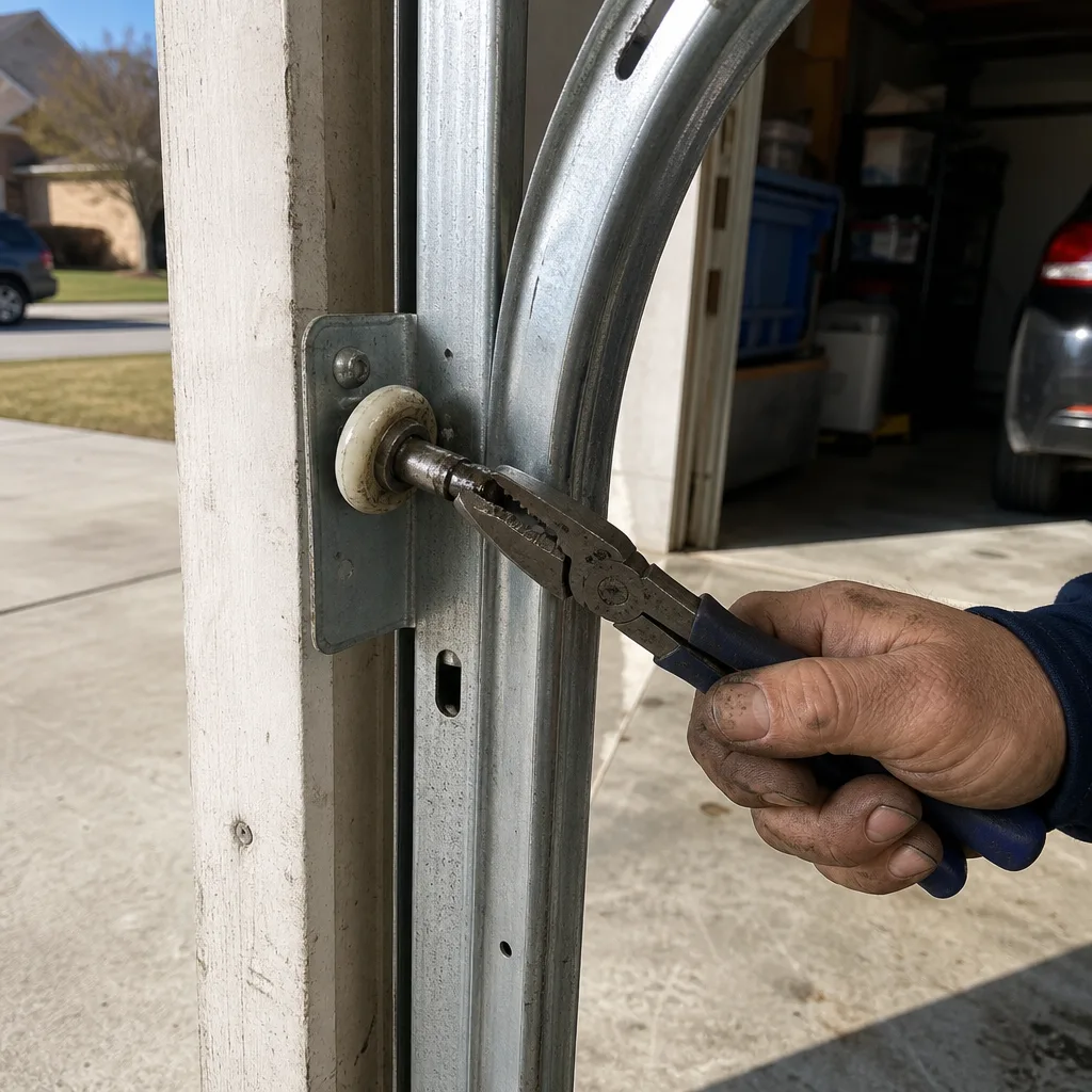 Technician using pliers for professional garage door roller repair and maintenance