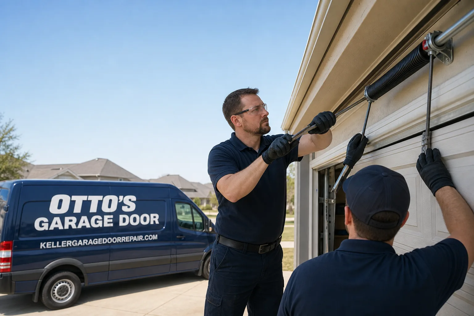 Otto's Garage Door garage door service vehicle and crew in Keller, TX